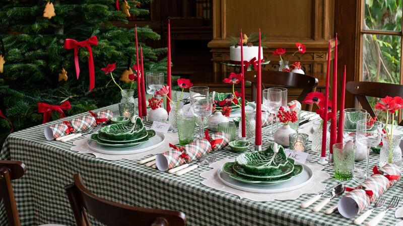 Signature Editions  gingham tablecloth, €220, Bordallo-style cabbage dinner plates, €24.95, and dishes €32.95