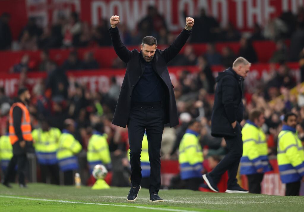 Manchester United interim manager Ruud van Nistelrooy celebrates a goal from Bruno Fernandes against Leicester City. Photograph: Nathan Stirk/Getty Images