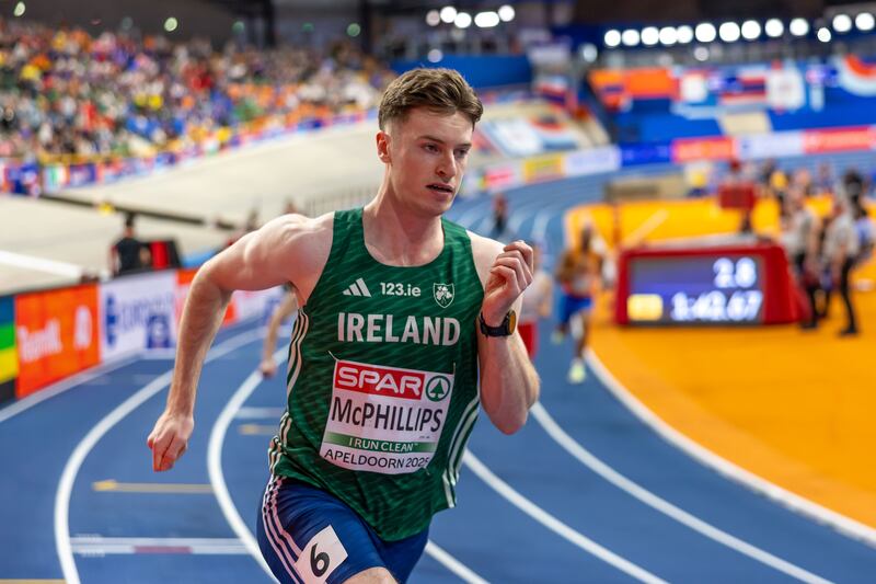 Ireland’s Cian McPhillips during the men's 800m semi-final at the European Indoor Championships in Apeldoorn. Photograph: Morgan Treacy/ Inpho