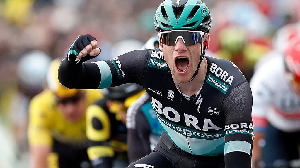 Sam Bennett (Bora Hansgrohe) celebrates one of his two stage wins in the Paris-Nice race – stage three over 200km from Cepoy to Moulins/Yzeure in France. Photograph: Photograph: Sebastien Nogier/EPA