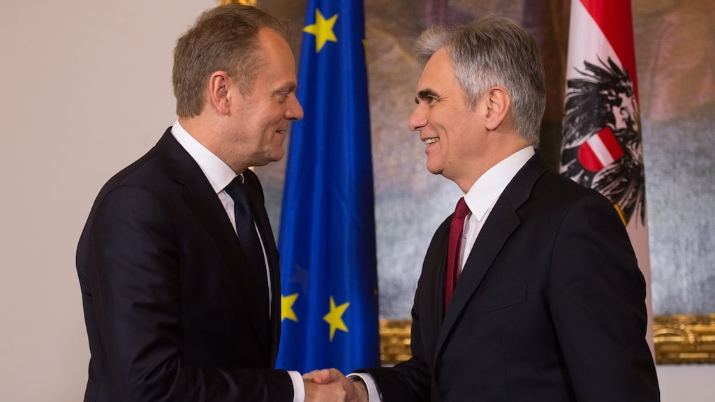 European Council president Donald Tusk and Austrian chancellor Werner Faymann shake hands at a meeting in Vienna last week to discuss the migrant situation in Europe. Photograph: Christian Bruna/EPA