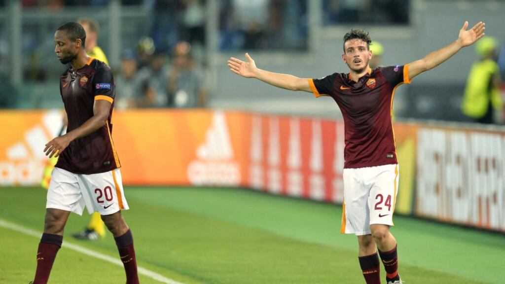 Roma’s Alessandro Florenzi celebrates after scoring from just inside the Barcelona half during the Champions League match at the Olympic Stadium. Photograph: Andreas Solaro/AFP/Getty Images