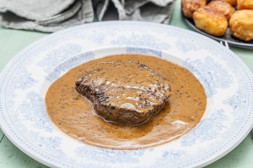 Mark Moriarty’s recipe for steak au poivre with crispy potatoes