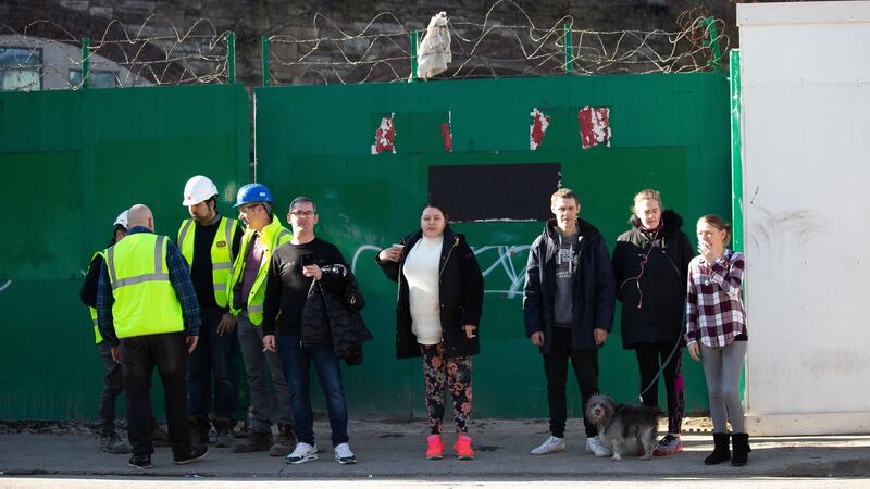 Building workers and protesters outside the Sisk building site on Mark Street in Dublin on Tuesday morning. Photograph: Tom Honan/The Irish Times