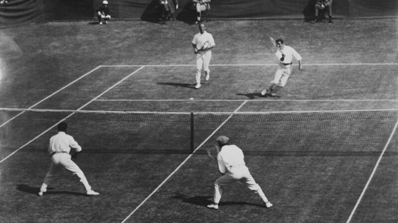 James Parke (top left) in action for The British Isles against Australasia in the International Lawn Tennis Challenge (Davis Cup) finals in Melbourne in November, 1912. Photograph: Paul Thompson/FPG/Getty