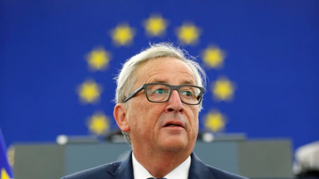 European Commission president Jean-Claude Juncker delivers his “state of the union address at the European Parliament in Strasbourg”: The commission also proposed reining in internet giants such as Google, Facebook’s WhatsApp and Microsoft’s Skype by extending telecoms security rules to web-based apps. Photograph: Jean Francois Badias/AP