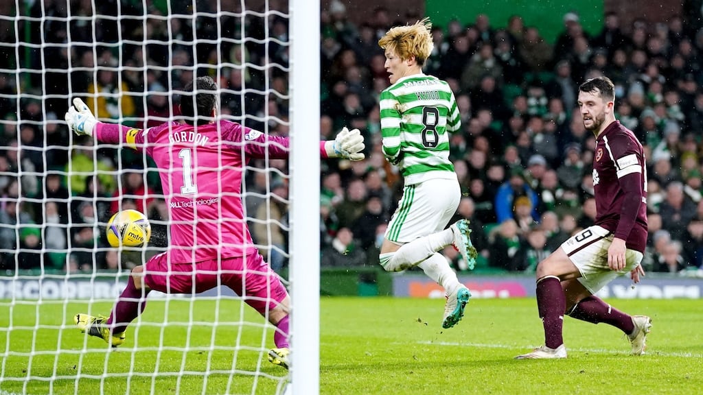 Celtic’s Kyogo Furuhashi scores their goal during the Scottish Premiership match against Hearts at Celtic Park. Photograph: Jane Barlow/PA Wire