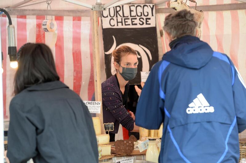 Nora McGuigan of Corleggy Cheese at the market in Meeting House Square, Temple Bar, Dublin. Photograph: Dara MacDónaill