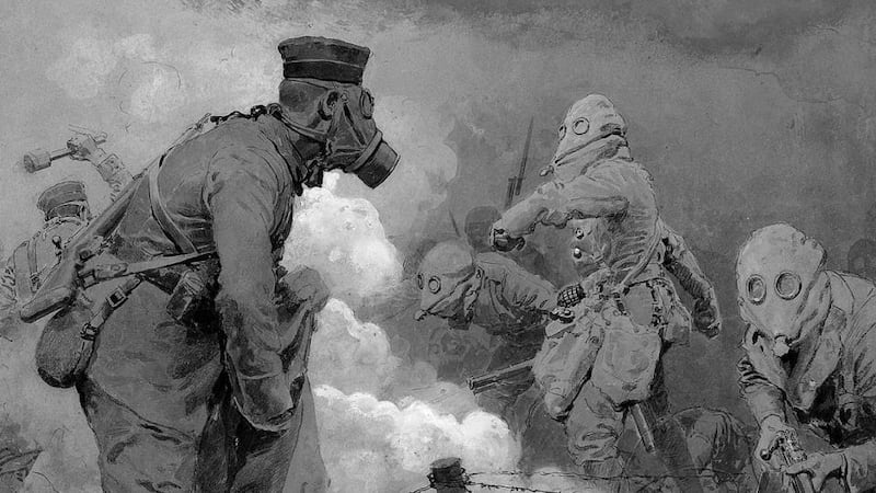 Soldiers on the Western Front wearing gas masks – illustration by Fortunino Matania, for sale at Christie’s London on October 8th, 2014, estimate £700-£1,000