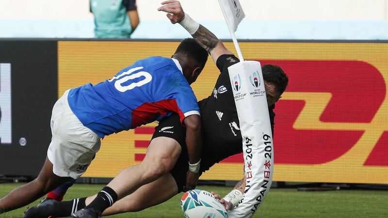 New Zealand scrum-half TJ Perenara scores a try during the World Cup win over Namibia. Photo: Odd Andersen/Getty Images