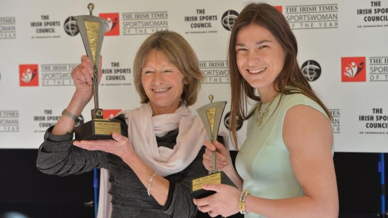 Joanna Morgan, winner of the Lifetime Achievement Award (lefy) and Katie Taylor winner of the ‘Sports woman of the Year 2014’ at the 10th Annual The Irish Times/Irish Sports Council Sportswoman of the Year awards. Photograph: Alan Betson / The Irish Times