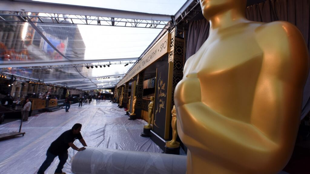 Preparations continue in the red carpet arrivals area for the 88th Annual Academy Awards in Hollywood, California. Photograph: Robyn Beck/AFP/Getty Images