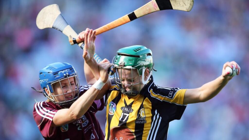 Therese Manton of Galway (left) and and Kilkenny’s Collette Dormer contest possession during the All-Ireland senior camogie final at Croke Park. Photograph: Cathal Noonan/Inpho
