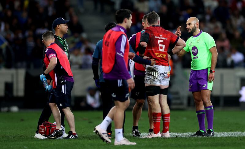Munster’s Peter O’Mahony leaves the field for a HIA during last year's URC final. Photograph: James Crombie/Inpho