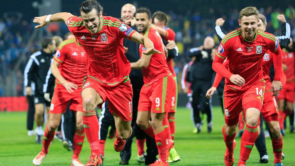 Gareth Bale celebrates qualifying for next summer’s European Championships in France. Photo: Srdjan Stevanovic/Getty Images