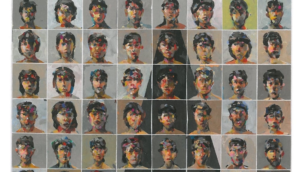 The heads laid out in a grid are variations on a theme, and one is prompted to think “the same but different” of the varied individuals depicted