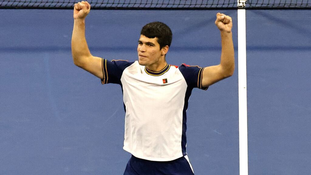 Carlos Alcaraz of Spain reacts after defeating Peter Gojowczyk of Germany at the US Open. Photograph: EPA