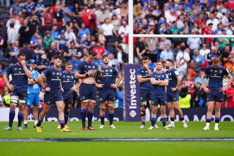 Dejected Leinster players look dejected following defeat to Toulouse in the Champions Cup final at the Tottenham Hotspur Stadium, London. Photograph: Mike Egerton/PA Wire