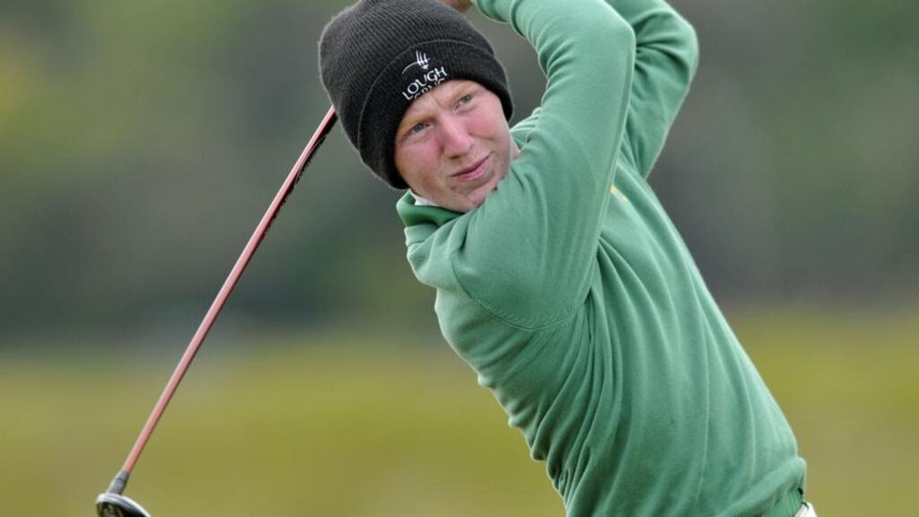 Dubliner Gavin Moynihan and his team-mate from Ballymena, Dermot McElroy,
formed an excellent partnership to win
won their foursomes and fourball matches as Europe moved 6-4 ahead overnight in the Bonallack Trophy in Bangalore. Photograph: Pat Cashman