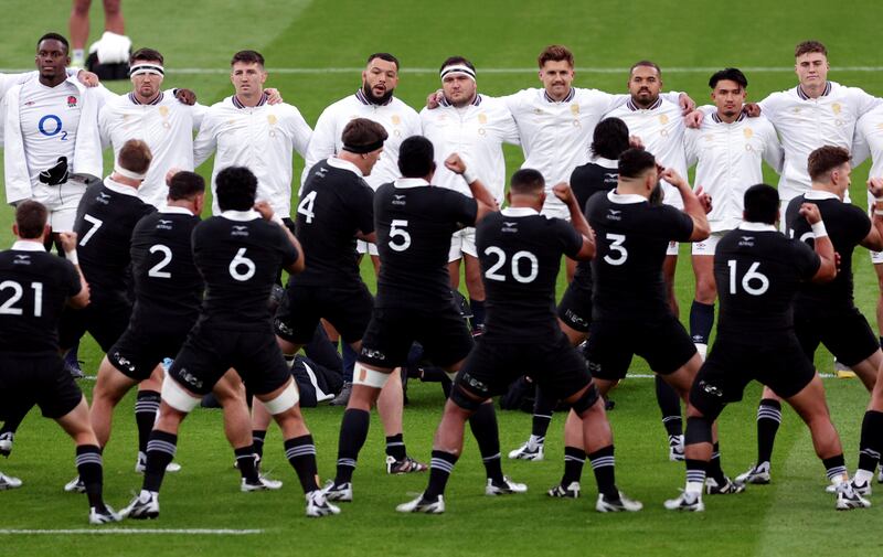 England players face New Zealand as they perform the Haka prior to the Autumn Nations Series match at Twickenham. Photograph: Warren Little/Getty Images
