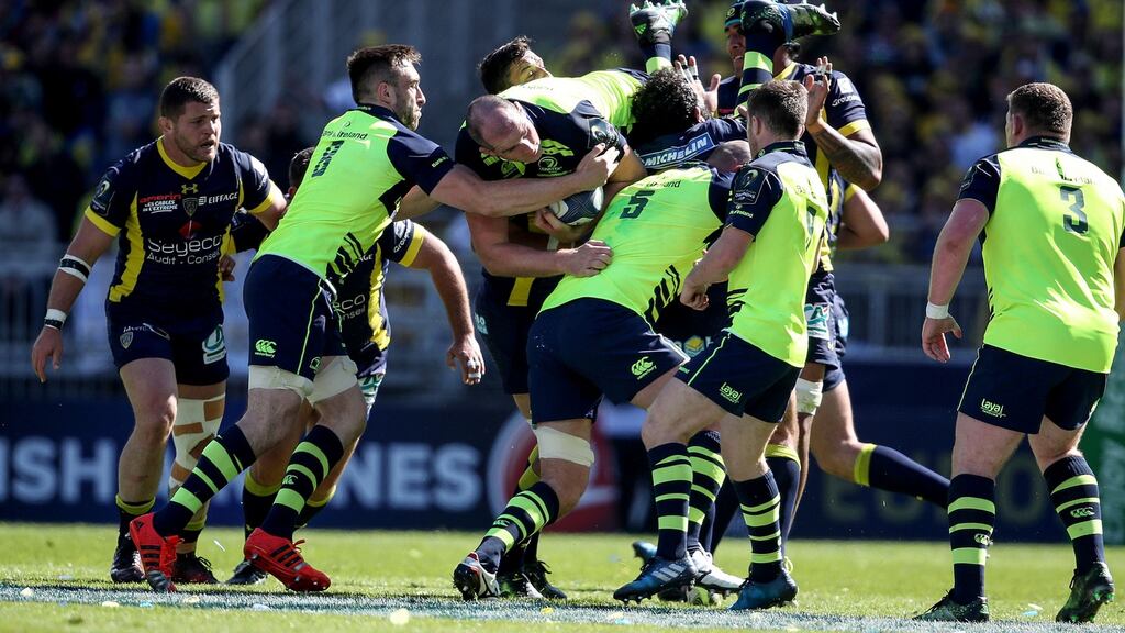 Clermont’s Davit Zirakashvili lifts Leinster’s Devin Toner in Sunday’s European Rugby Champions Cup semi-final in Lyon. Photograph: Dan Sheridan/Inpho