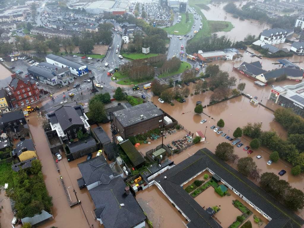 An aerial view of flooding in Midleton, Co Cork, after Storm Babet. Photograph: Guileen Coast Guard