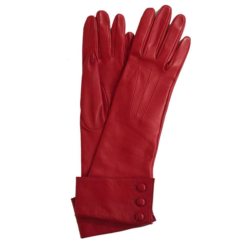 Gwyneth red leather and suede gloves by Paula Rowan from her shop in the Westbury Mall, Dublin, or online at www.paularowan.com