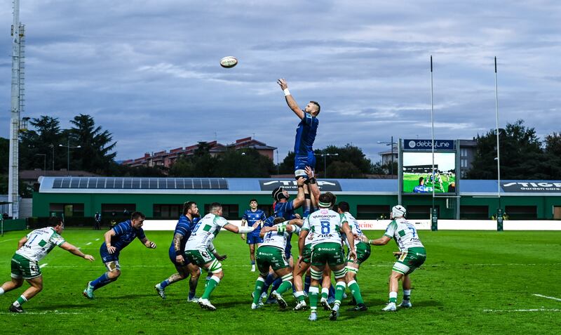 Leinster’s RG Snyman rises high to take the lineout ball during the weekend URC fixture against Benetton. Photograph: Luca Sighinolfi/Inpho