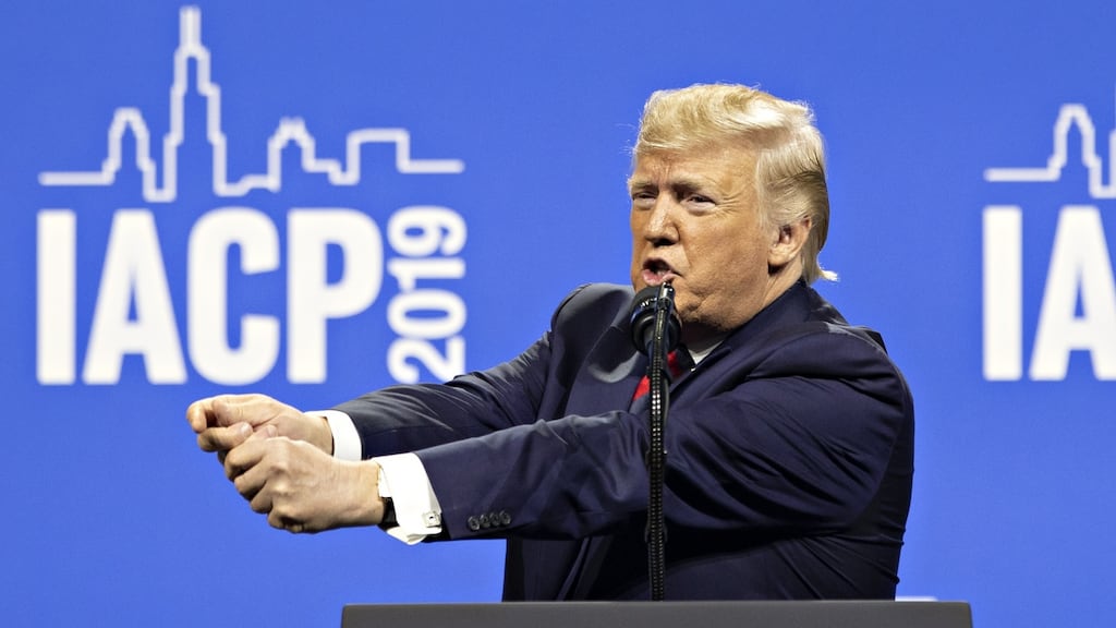 US president Donald Trump speaks during the International Association of Chiefs of Police annual conference in Chicago on Monday. Photograph: Daniel Acker/Bloomberg