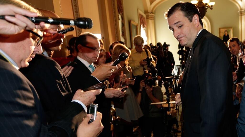 Senator Ted Cruz (Republican) briefing the media following a bipartisan deal on funding the federal government and extending the US debt limit. Photograph: Win McNamee/Getty Images