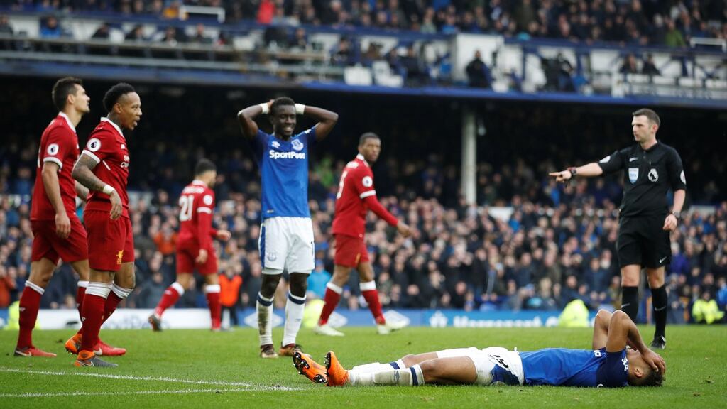 Everton’s Dominic Calvert-Lewin reacts after missing a late chance to win the Merseyside derby against Liverpool at Goodison Park. Photograph: Carl Recine/Action Images via Reuters
