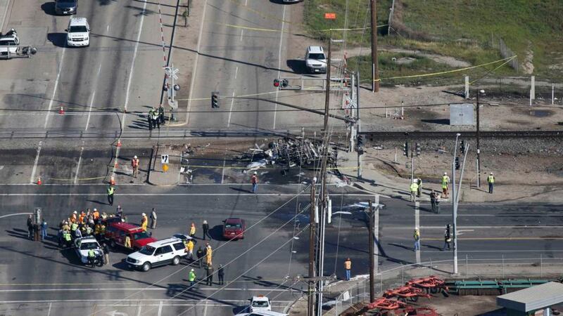 An aerial view shows the scene of a double-decker Metrolink train derailment in Oxnard, California. Photograph: Reuters