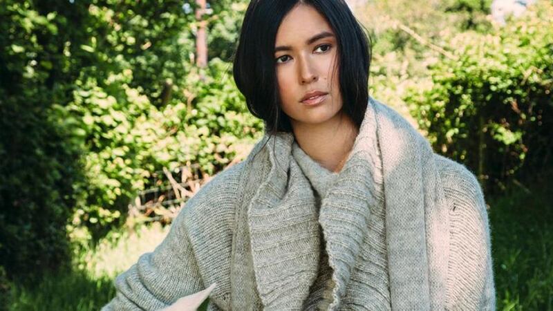 ‘Illirski’ grey wool jumper €450, ‘Sirius’ grey wool cardigan with buffalo horn buttons €1,000, ‘Sirius’ oversize shawl €430, all by Fintan Mulholland.