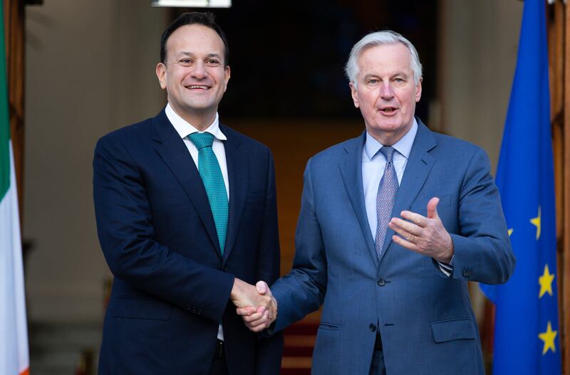 Taoiseach Leo Varadkar and European Commission chief Brexit negotiator Michel Barnier at Government Buildings in early 2020.
Photograph: Tom Honan