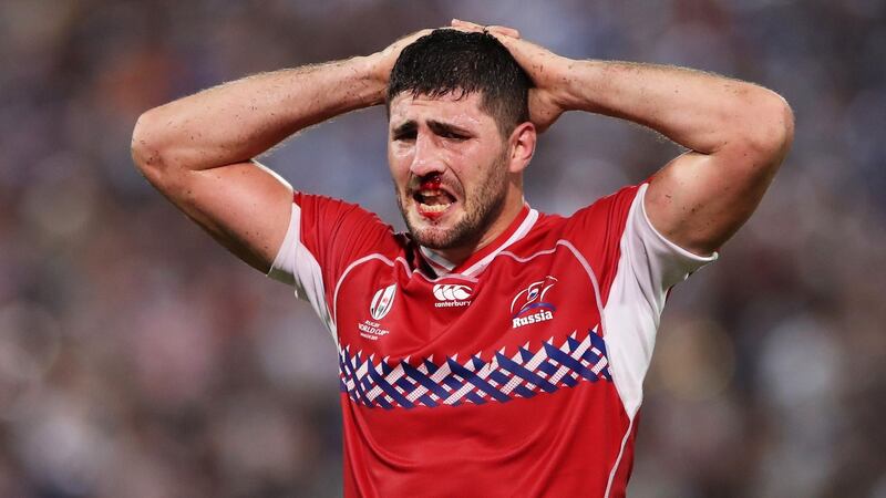 Tagir Gadzhiev reacts during Russia’s defeat to Samoa. Photograph: Cameron Spencer/Getty