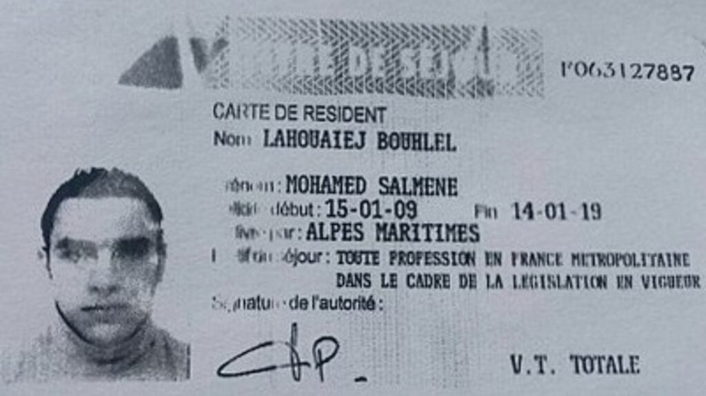 A reproduction of the residence permit of Mohamed Lahouaiej-Bouhlel, the man who rammed his truck into a crowd celebrating Bastille Day in Nice. Photograph: AFP/Getty Images