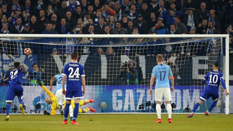 Nabil Bentaleb of FC Schalke 04 scores his team’s second goal from the penalty spot during the Uefa Champions League Round of 16 clash with Manchester City. Photo: Dean Mouhtaropoulos/Bongarts/Getty Images