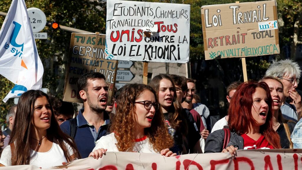 French strike: students demonstrate with public-sector workers on Tuesday. Photograph: Jean-Paul Pelissier/Reuters