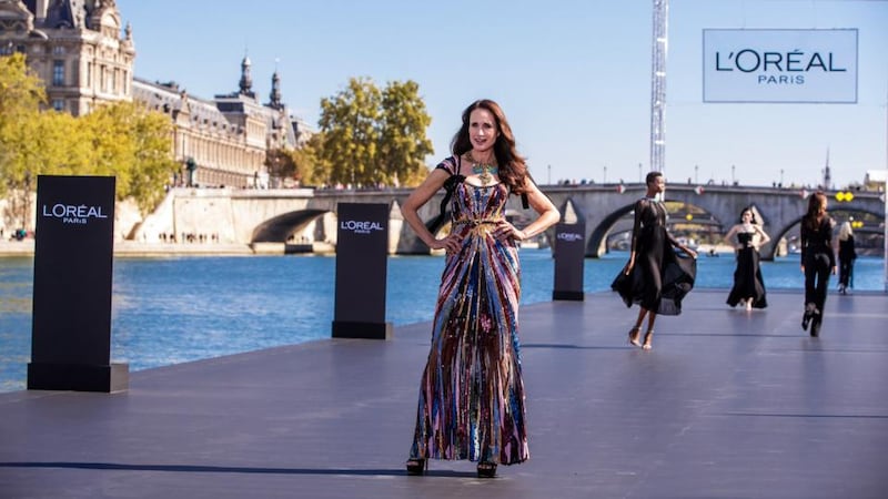 Paris Fashion Week: Andie MacDowell on L’Oréal Paris’s floating catwalk. Photograph: Christophe Petit Tesson/EPA
