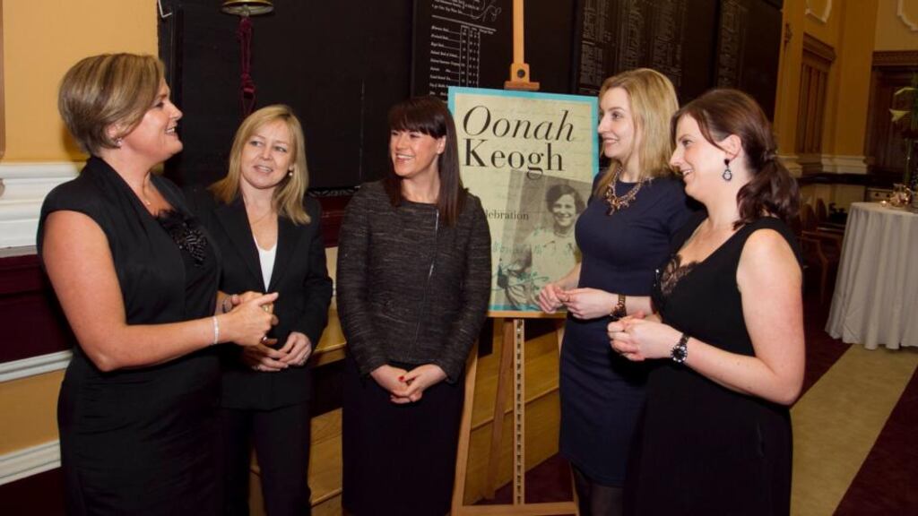 From left: Deirdre Somers of the Irish Stock Exchange; Lesley Williams, Investec, Katherine Hannon, Goodbody; Sarah Rose Cresswell, Goodbody; and Eugenee Mulhern, Davy at the launch of the biography of Oonah Keogh. Photograph: Colm Mahady / Fennells