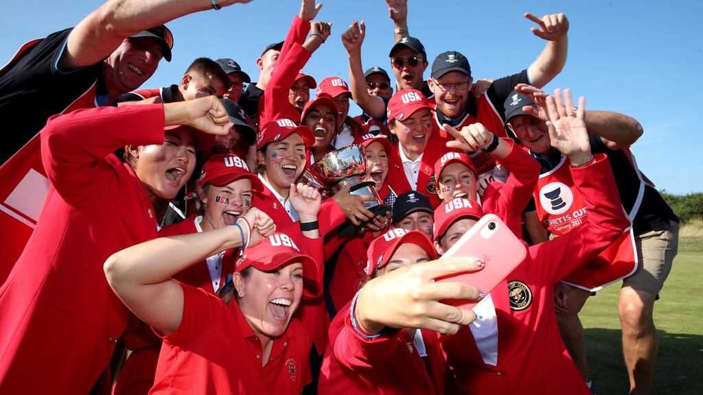 The United States team celebrate their victory over Britain and Ireland at the Curtis Cup at Conwy Golf Club in Wales. Photograph:Jan Kruger/R&A via Getty Images