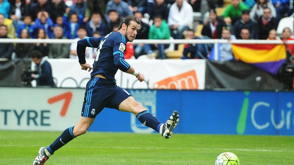 Gareth Bale scores his side’s third goal as Real Madrid came from two goals down to beat Rayo Vallecano. Photograph: Denis Doyle/Getty Images