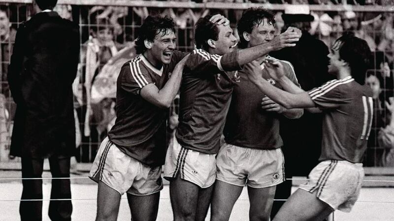Bryan Robson (L) celebrates with Ray Wilkins after his goal in the 1983 FA Cup final against Brighton. Photograph: PA