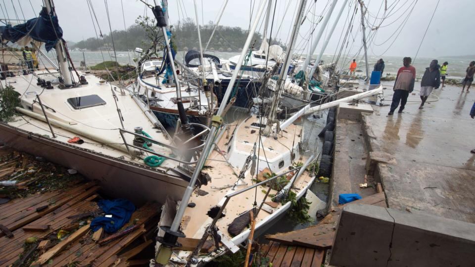 This handout photo taken by UNICEF Pacific shows storm damage to boats caused by Cyclone Pam, in the Vanuatu capital of Port Vila. Photograph: UNICEF Pacific/AFP/Getty Images.