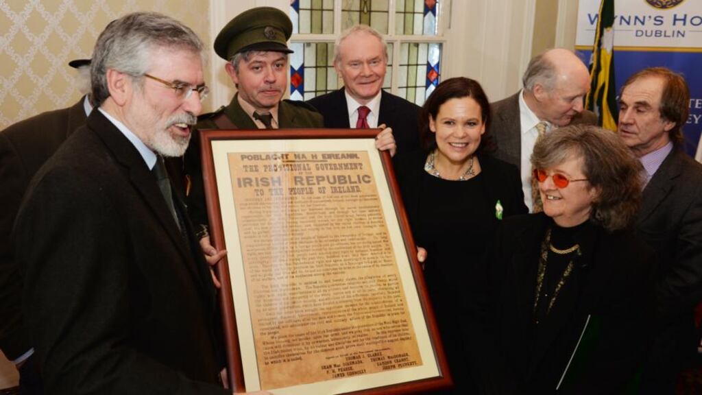 Gerry Adams, re-enactor Jim Roche, Martin McGuinness, Mary Lou McDonald, Honor O’Brolchain, and James Connolly Heron, relatives of participants in the 1916 Rising, at the Sinn Fein launch of their 1916 Commemoration Plans at Whites Hotel off Dublin’s O’Connell Street. Photograph: Alan Betson / The Irish Times