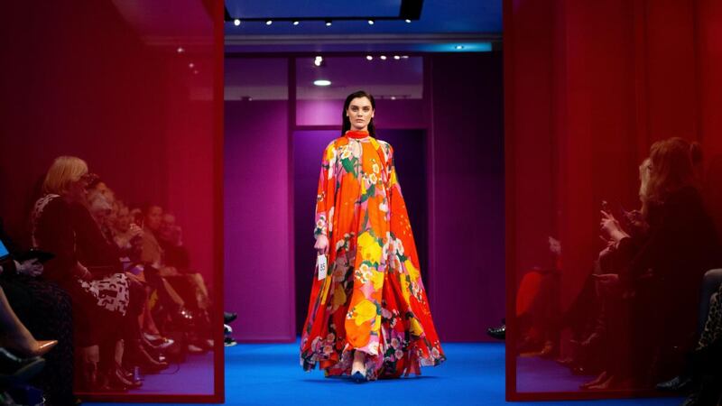 Brown Thomas S/S 2019: A model wears a Richard Quinn floral long dress. Photograph: Tom Honan/The Irish Times
