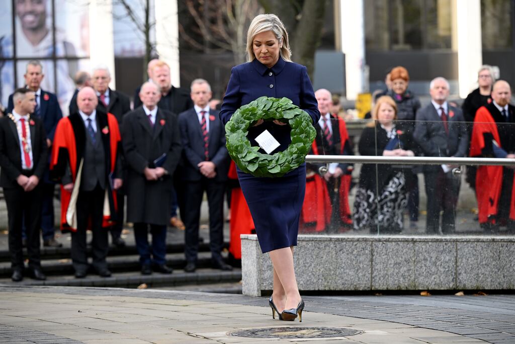 First Minister of Northern Ireland Michelle O'Neill carries a wreath during Remembrance Sunday. Photograph: Charles McQuillan/Getty Images