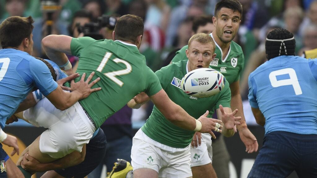 Ireland’s Robbie Henshaw passes the ball to his centre partner Keith Earls during their Pool D match against Italy at the Olympic Stadium. Photograph: Getty Images