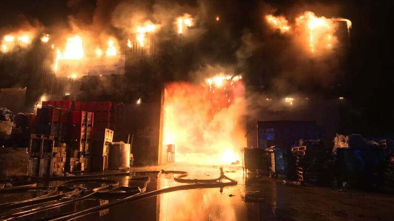 Fire services battle a large blaze at a recylcing centre at the Greenogue Business Park in Rathcoole, Co Dublin. Photograph: Dublin Fire Brigade/Twitter