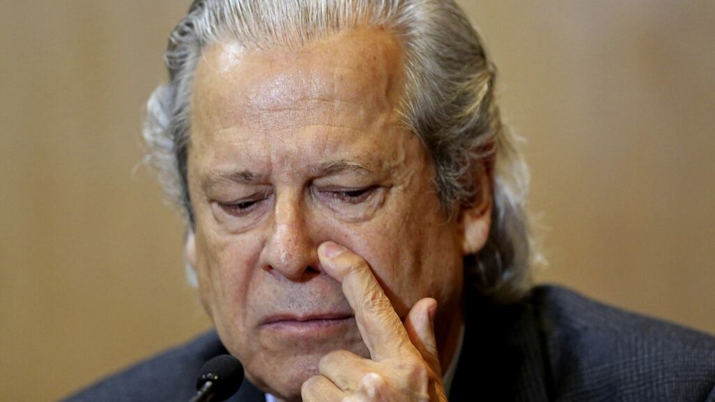 Brazilian former chief-of-staff Jose Dirceu, gestures during a hearing of the parliamentary committee of the Petrobras investigation. Photograph: Heuler Andrey/AFP/Getty Images